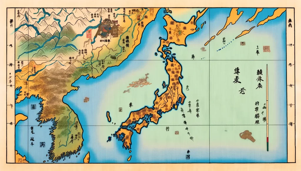 Map of Japan and Korea. Toyotomi Hideyoshi was attacking Korea. 