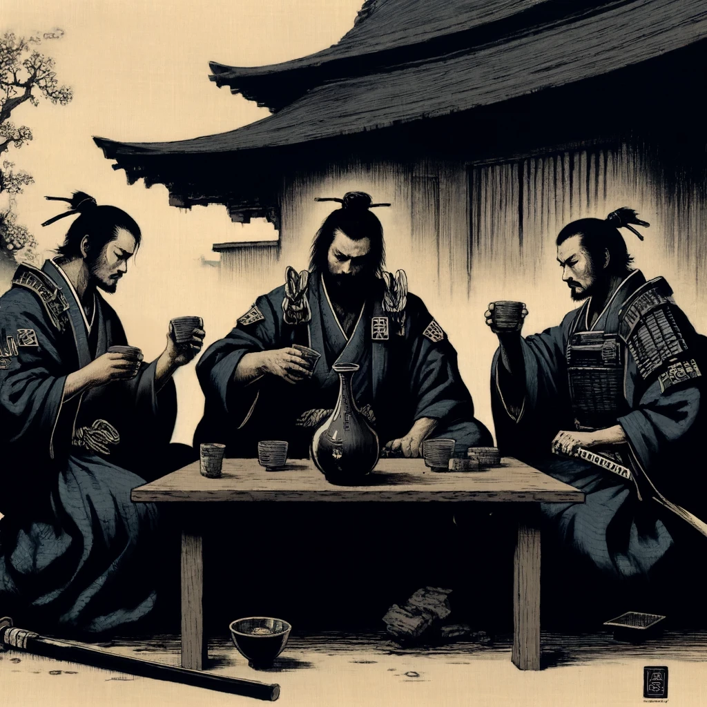 three samurais drinking sake after a battle