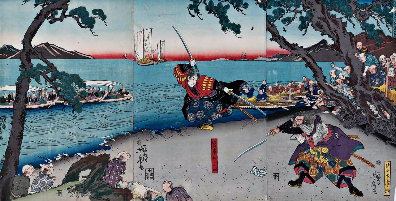 Sasaki (right) engages Miyamoto Musashi on the shores of Ganryū Island. Woodblock print triptych by Yoshifusa Utagawa [ja], 1840s