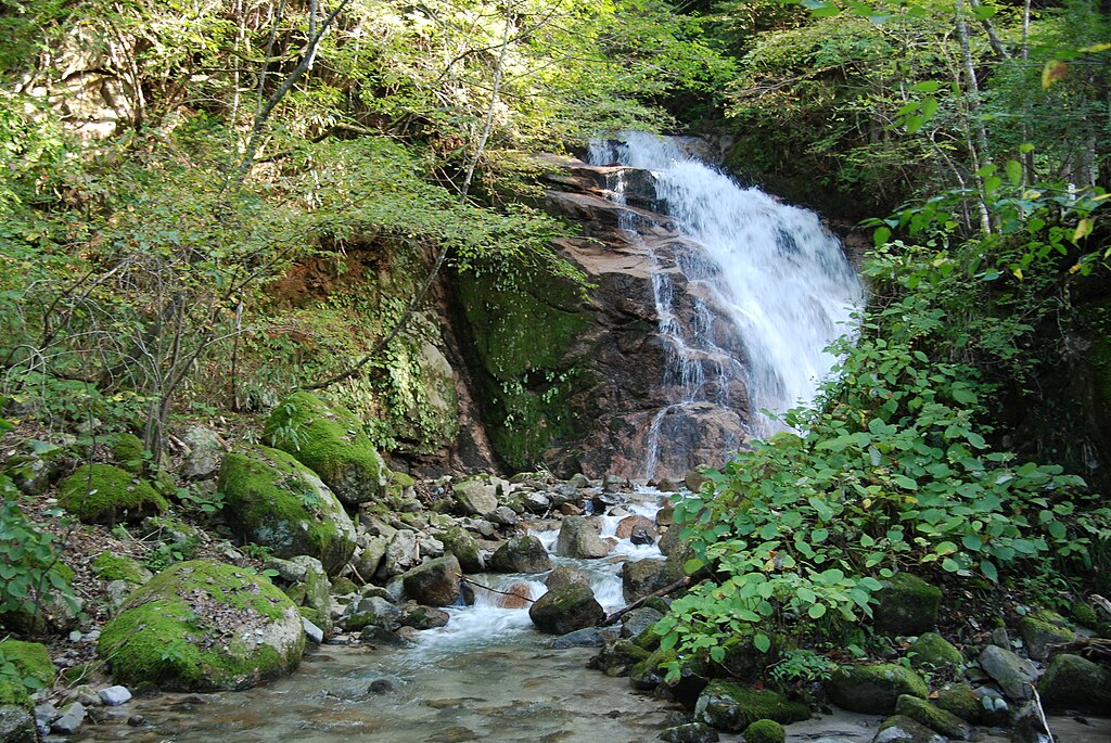 Odaki waterfall as seen from the Nakasendo between Magome-juku and Tsumago-juku.