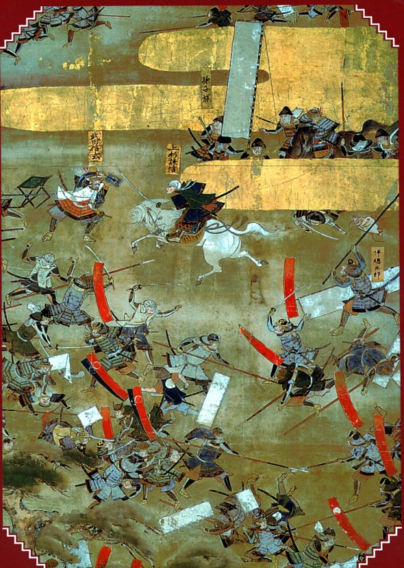 Takeda Shingen deflects Uesugi Kenshin's strike at the Fourth Battle of Kawanakajima during the Sengoku period. Old Japanese painting.
