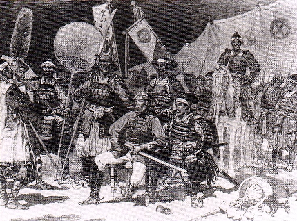 Saigō Takamori (seated, in French uniform), surrounded by his officers, in traditional attire. 
