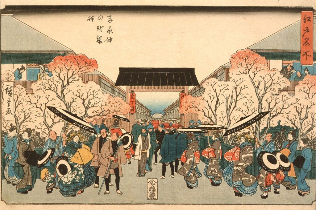 Cherry Blossom Time in Nakanochō of the Yoshiwara by Utagawa Hiroshige depicting the main street lined up by the pleasure houses, circa 1848-1849