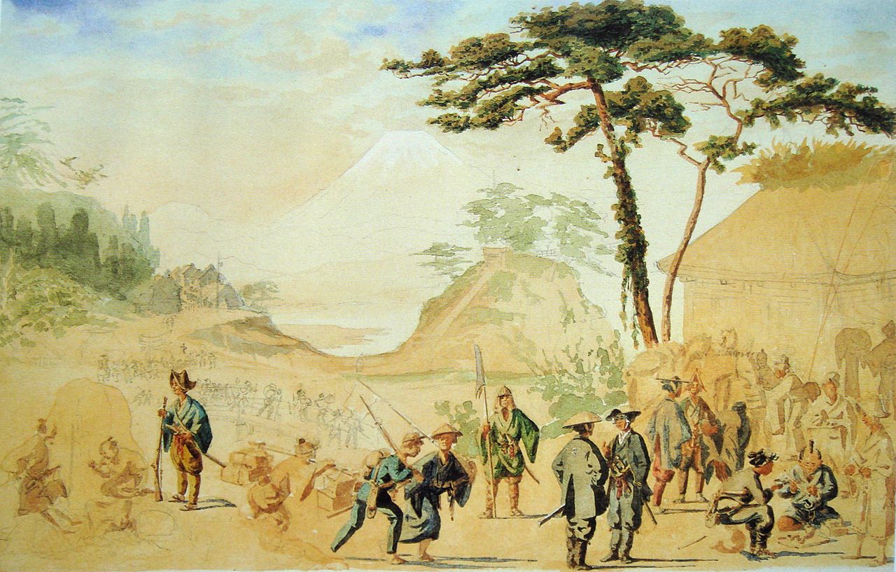 Bakufu troops near Mount Fuji in 1867. The painting by French officer Jules Brunet shows an eclectic combination of Western and Japanese equipment.